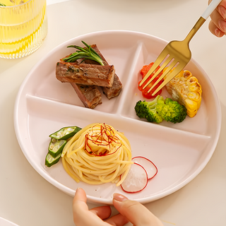 Homely Zakka 北歐陶瓷健康分隔餐盤 圓盤 510g, 20 x 2.5cm, 粉色, 1個