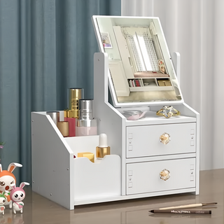 KOKOYI 抽屜式化妝鏡化妝品文具桌面收納架, 白色, 1組