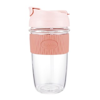 雙飲吸管防燙玻璃隨行杯, 一邊直飲口一邊吸管設計, 矽膠杯套防漏保溫, 顏色隨機, 550ml, 1個