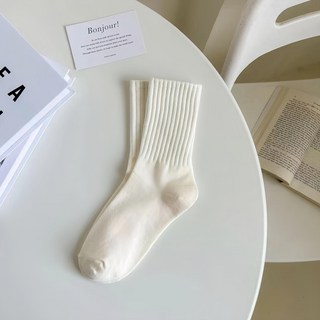 好棉 美拉德 簡約百搭素色堆堆襪 Set 6雙 - 全長30cm (建議22cm~25cm著用) - 材質/棉+聚酯纖維, 象牙白, F