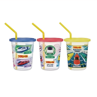 Skater 新幹線透明 塑膠吸管杯 3個, 藍色 + 紅色 + 黃色, 320ml, 1組