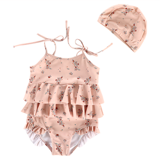 愛北鼻 INS女童泳衣 吊帶連身泳衣 + 泳帽 90~100cm適用, 100(90~100cm), 粉色