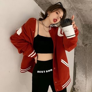 Y8370刷毛美式棒球外套, 局寬58cm 胸寬60cm 全長70cm 袖長52cm, 紅白色