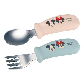 Skater 不鏽鋼彎柄湯叉組, 1組, 湯匙 + 叉子, 米奇與米妮 粉色 + 綠色