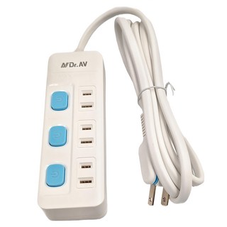 Dr.AV 聖岡科技 3切3插節能2P延長線 獨立分控 過載自動斷電, 1.8m, 白色 + 藍色按鈕, 1條