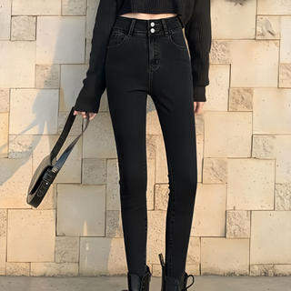 多碼線雙釦高腰彈力鬚邊緊身牛仔褲 S/M/L, 黑色