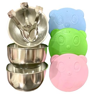 304不鏽鋼兒童碗 馬卡龍色系碗蓋 附湯匙 三入組, 1組, 多色
