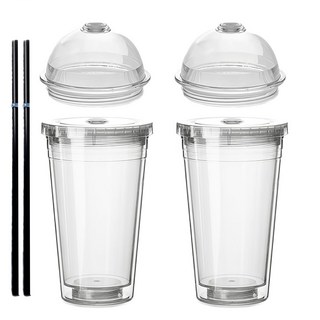 TEASCAFE DIY 雙層冷水瓶 Set 2入冷水瓶 2入平底上蓋 2入圓頂上蓋 2入吸管, 透明色, 530ml, 1組