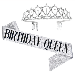 生日皇后背帶組，含皇冠, 銀色, 1組, 背帶(9.5 x 156cm) + 皇冠(13.5 x 3.5cm)