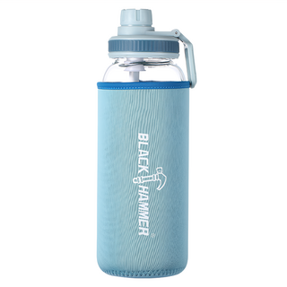 BLACK HAMMER 耐熱玻璃水瓶 附潛水布材質布套 彈出式吸管, 粉藍色, 1L, 1個