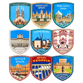 A-ONE 匯旺 西班牙旅遊玻璃靜電貼紙 Set 9張 國家地標系列 金蔥/銀蔥/五彩蔥, 6 x 7.5cm