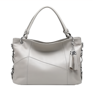 LIKEHOUSE 頭層牛皮女士肩背包 流蘇拉牌通勤包手提包 托特包 38 x 26 x 14cm 手提高17cm, 38 x 26 x 14cm,手提高17cm, 淺灰色