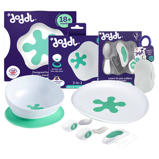 doddL 秒拾餐具7件組 豪華大全配 人體工學兒童學習餐具, 18個月以上適用, 湖水綠, 1組, 飛碟餐盤+攜帶盒+吸盤餐碗