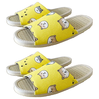 i Slippers 小清新真草蓆室內拖鞋 清新柴犬 黃, L(25~27cm), 2雙