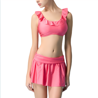 Summer love 夏之戀 大女短版 泳裝 比基尼X1+外搭裙X1+三角褲X1+泳帽X1, 粉色