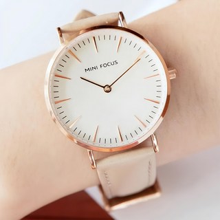 MINI FOCUS 偶然的邂逅簡約真皮手錶, 白面卡其帶, WMF0318, 金屬材質