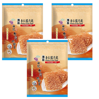 軒記台灣肉乾王 海苔杏仁脆豬肉乾, 嚴選台灣溫體豬後腿肉, 手工薄切, 不添加防腐劑, 100g, 3包