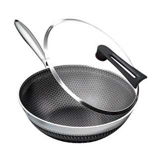 鼎匠 新升級無鉚釘316不鏽鋼炒鍋 鈦黑立體雙面蜂巢加大 不沾鍋抗菌 可立玻璃蓋，快速聚能，熱量均勻傳遞, 34cm, 1個