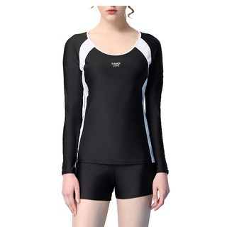 Summer Love 夏之戀 大女 長袖上衣+四角褲+泳帽 泳衣, Black top/White accent