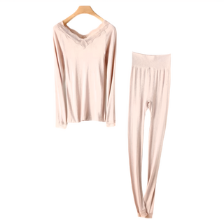AFHL 日本超薄發熱衣整套 蕾絲杏粉衣褲, 柔軟親膚, 彈性好, 吸水速乾, S-XL, 杏粉, 1組