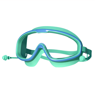 大框防霧兒童泳鏡 帶連體耳塞, 藍綠色, 1個