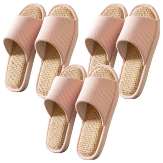 日式居家粗亞麻透氣防滑男女士室內拖鞋, 粉色, 3雙