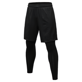 葉子小舖 男款假兩件式運動褲，彈性褲頭，內置抽繩，大容量口袋, 2XL, 黑色