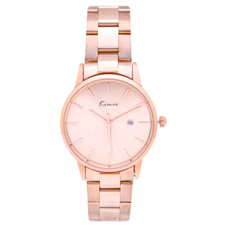 KIMIO 訴不盡的溫柔極簡日期顯示錬帶手錶 簡約無印小錶面設計 搭配沉穩低調放射紋路, 膚面玫金帶