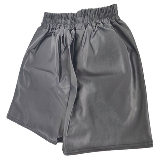 高腰鬆緊A字皮短褲, M, 黑色