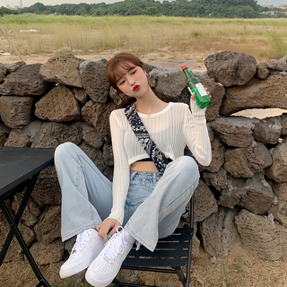 性感歐逆短版針織透膚上衣 顯瘦上衣, 白色