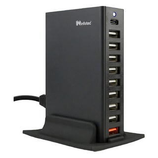 Ninfotec 10孔快速充電器, PD+QC 63W, 提升75%充電速度, 支援PD3.0與QC3.0, 110cm帶線設計, 黑色, 1個