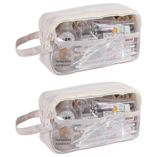 大容量透明雙層文具筆袋 雙開款, 米白色, 2個