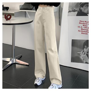 高腰素面直筒牛仔寬褲, M, 米白