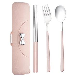 德利生活 蝴蝶結304不鏽鋼便攜餐具3件套 粉色 附收納盒, 1組