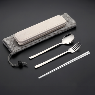 高質感不鏽鋼餐具組, 1組, 顏色隨機, 方形筷子 + 湯匙 + 叉子 + 防晃卡扣 + 盒子 + 網袋