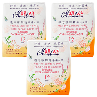 Merryliving 美麗人生 複方植物精華衛生棉 抗菌 清涼 除臭, 33.5cm, 12片, 3包