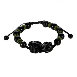 馥瑰馨盛 威震八方貔貅黑曜石手鍊, 手圍15~20cm + 圓珠約0.8cm, 黑色