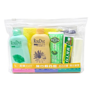 柔蝶 旅行輕巧包 8寶, 包含洗面乳、洗髮精、沐浴乳、牙膏、牙刷、毛巾、梳子、刮鬍刀, 1組