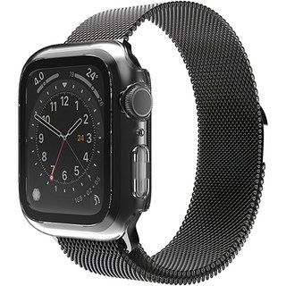 Sinjimoru Apple Watch 兼容 磁吸式 金屬 米蘭尼斯 錶帶 + 9H 全包覆 一體式 保護殼, 水晶透明(錶殼),黑色(錶帶), 1個