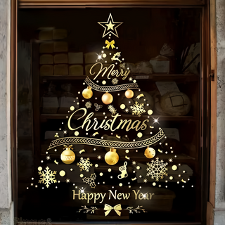 摩達客 靜電玻璃貼 90x56cm, 90 x 60cm, 耶誕金色1號雪花圓球聖誕樹