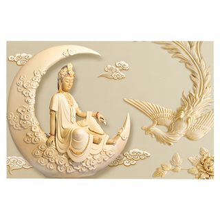 24mama 掛畫 單聯式 新月 孔雀 雕像 雲 優雅 宗教 美麗藝術 花卉 靜思語 無框畫 神明孔雀, 60 x 40cm