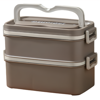 couselect 方形可微波雙層便當盒/304不鏽鋼保溫飯盒/學生手提午餐盒/食盒/保鮮盒 雙層 1.7L, 深咖色, 1個