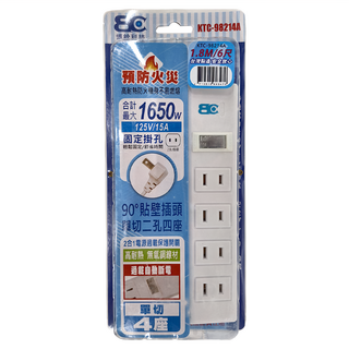 BC 博銓 固定單切四座延長用電源線組 二孔 125V/15A 90°貼壁插頭 過載自動斷電, 1.8m, 白色, 1條