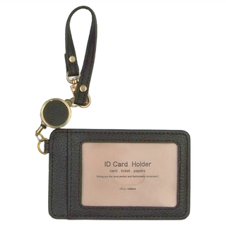 珠友文化 伸縮環皮質票卡夾, 單面透明開窗, 票卡夾 113 x 73 x 4mm + 伸縮吊環 140 x 24 x 8mm, 棕黑色