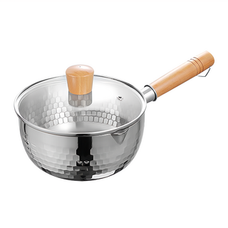 OMG 日式雪平鍋 不鏽鋼小奶鍋 輔食鍋 料理鍋 木柄錘目紋鍋 帶鍋蓋, 1個, 20cm, 銀色