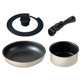 IRIS OHYAMA 愛麗思歐雅瑪 曜石黑鑽石塗層IH不沾鍋具4件組 象牙白色 TF-SE4, 湯鍋 + 平底鍋 + 強化玻璃鍋蓋 + 可拆式把手, 1組