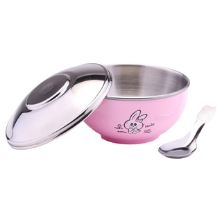 ZEBRA THAILAND 304 不銹鋼上蓋兒童隔熱碗 Set, 顏色多種選擇, 可愛造型圖案, 雙層隔熱設計, 11cm, 粉紅色, 附湯匙, 1組