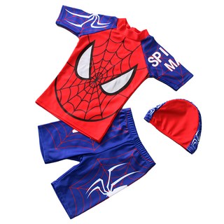 愛北鼻 男童蜘蛛人泳衣 上衣+泳褲+泳帽 三件式, 1入, 紅色, XL碼