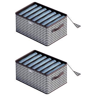Starshop 居家防塵衣物分隔整理收納箱 7格帶蓋 PP板褲子盒, 千鳥格, 2個, 44 x 30 x 20cm