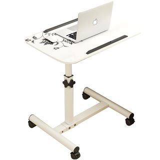 多功能可旋轉升降床邊桌 升級款, 桌面60*40cm, 支架高65~95cm, 鐵管噴漆, MOF纖維板, 塑膠輪, 白花